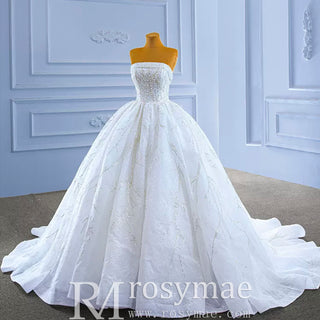 Beaded Strapless Lace Ball Gown Puffy Wedding Dress