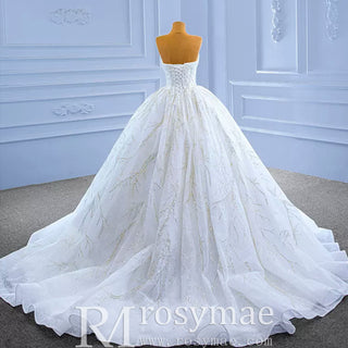 Beaded Strapless Lace Ball Gown Puffy Wedding Dress