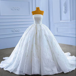 Beaded Strapless Lace Ball Gown Puffy Wedding Dress