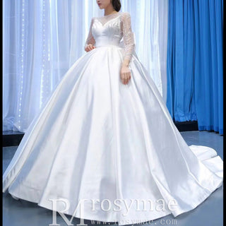 High  Back Long Sleeve Satin Ball Gown Wedding Dress with Long Bow