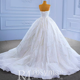 Beaded Strapless Lace Ball Gown Puffy Wedding Dress