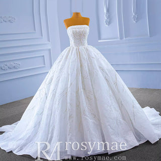 Beaded Strapless Lace Ball Gown Puffy Wedding Dress