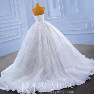 Beaded Strapless Lace Ball Gown Puffy Wedding Dress