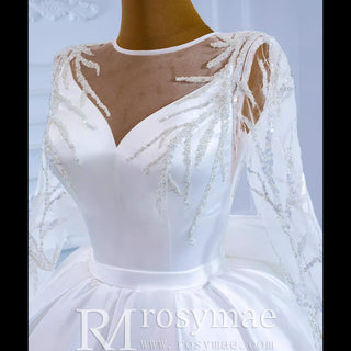 High  Back Long Sleeve Satin Ball Gown Wedding Dress with Long Bow