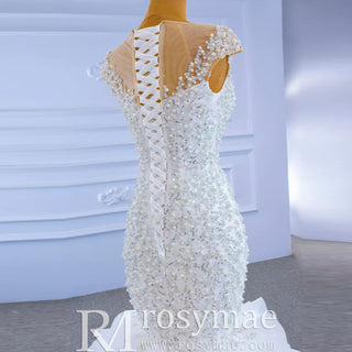 Luxury Pearl Mermaid Ruffle Wedding Dress with Cap Sleeve