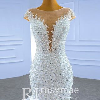 Luxury Pearl Mermaid Ruffle Wedding Dress with Cap Sleeve