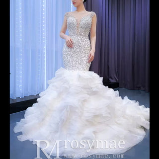 Luxury Pearl Mermaid Ruffle Wedding Dress with Cap Sleeve