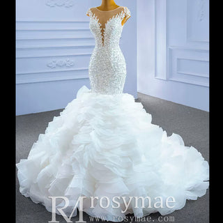 Luxury Pearl Mermaid Ruffle Wedding Dress with Cap Sleeve