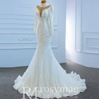 Keyhole High Neck Pearl Mermaid Wedding Dress with Long Sleeves