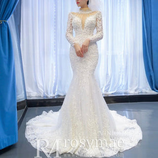 Keyhole High Neck Pearl Mermaid Wedding Dress with Long Sleeves