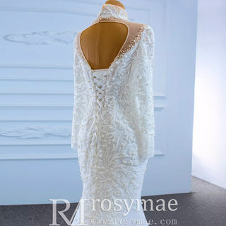 Keyhole High Neck Pearl Mermaid Wedding Dress with Long Sleeves