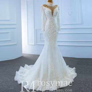 Keyhole High Neck Pearl Mermaid Wedding Dress with Long Sleeves