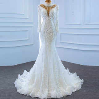 Keyhole High Neck Pearl Mermaid Wedding Dress with Long Sleeves