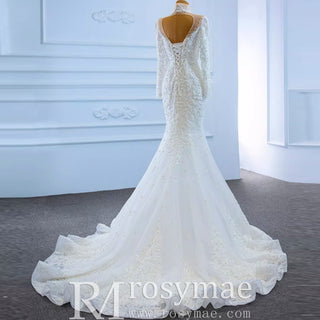 Keyhole High Neck Pearl Mermaid Wedding Dress with Long Sleeves