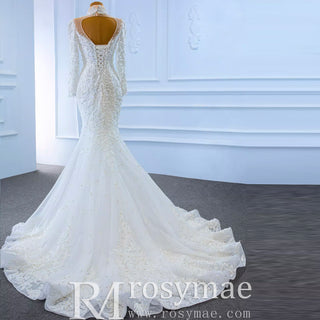 Keyhole High Neck Pearl Mermaid Wedding Dress with Long Sleeves