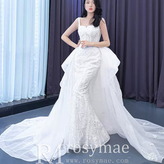 Mermaid Tulle Appliques Wedding Dress With Detachable Train