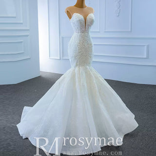 High Sheer Back Beaded Lace Trumpet Wedding Dress with Cap Sleeve