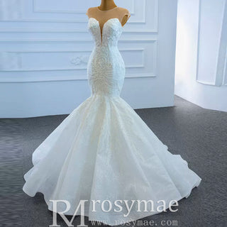 High Sheer Back Beaded Lace Trumpet Wedding Dress with Cap Sleeve