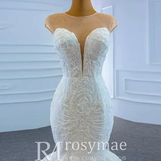 High Sheer Back Beaded Lace Trumpet Wedding Dress with Cap Sleeve