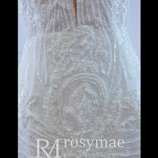 High Sheer Back Beaded Lace Trumpet Wedding Dress with Cap Sleeve