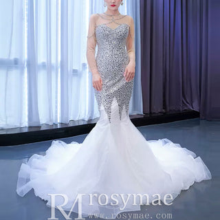 Luxury Rhinestone Mermaid Wedding Dress with Long Sleeves