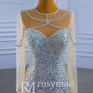 Luxury Rhinestone Mermaid Wedding Dress with Long Sleeves