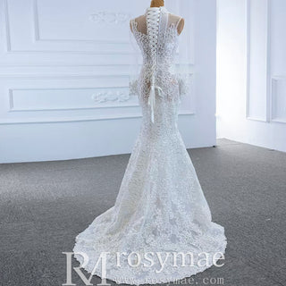 Sexy Sheer High O-neck Lace Mermaid Wedding Dress with Long Sleeves