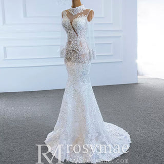 Sexy Sheer High O-neck Lace Mermaid Wedding Dress with Long Sleeves