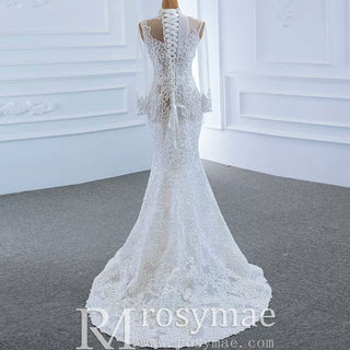 Sexy Sheer High O-neck Lace Mermaid Wedding Dress with Long Sleeves