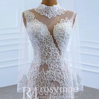 Sexy Sheer High O-neck Lace Mermaid Wedding Dress with Long Sleeves