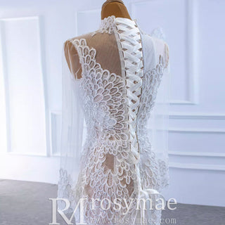 Sexy Sheer High O-neck Lace Mermaid Wedding Dress with Long Sleeves