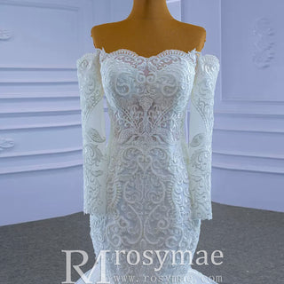 Off Shoulder Long Sleeve Mermaid Wedding Dress Beaded Lace Bridal Dress