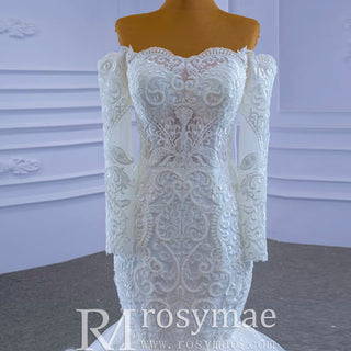 Off Shoulder Long Sleeve Mermaid Wedding Dress Beaded Lace Bridal Dress