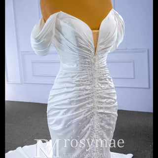 Mermaid Vneck Satin Wedding Dresses with Off the Shoulder Bridal Dress