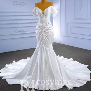 Mermaid Vneck Satin Wedding Dresses with Off the Shoulder Bridal Dress