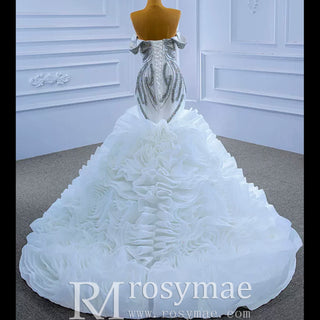 Ruffled Rosette Mermaid Wedding Gown with Detachable Sleeves