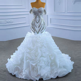 Ruffled Rosette Mermaid Wedding Gown with Detachable Sleeves