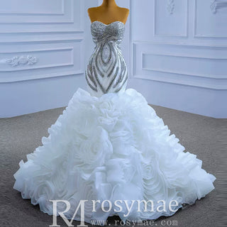 Ruffled Rosette Mermaid Wedding Gown with Detachable Sleeves