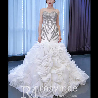 Ruffled Rosette Mermaid Wedding Gown with Detachable Sleeves