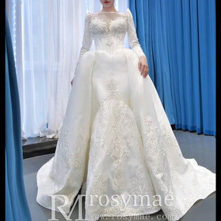 Overskirt Lace Appliqued Satin Wedding Dress with Long Sleeves