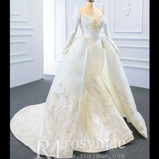 Overskirt Lace Appliqued Satin Wedding Dress with Long Sleeves