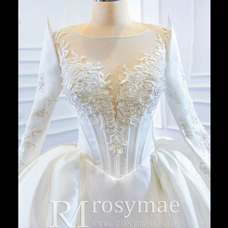 Overskirt Lace Appliqued Satin Wedding Dress with Long Sleeves