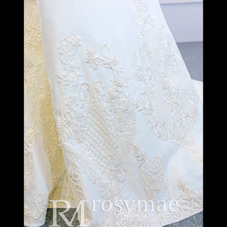 Overskirt Lace Appliqued Satin Wedding Dress with Long Sleeves