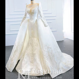 Overskirt Lace Appliqued Satin Wedding Dress with Long Sleeves