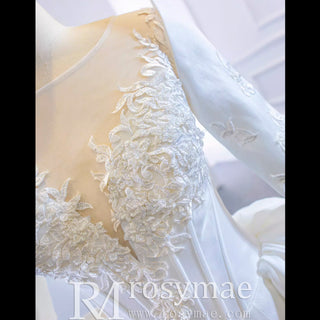 Overskirt Lace Appliqued Satin Wedding Dress with Long Sleeves