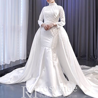 Long Sleeve O-Neck Mermaid Wedding Dress with Detachable Skirt