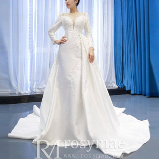 High Back Pearl Beaded Satin Long Sleeve Wedding Dress with Overskirt