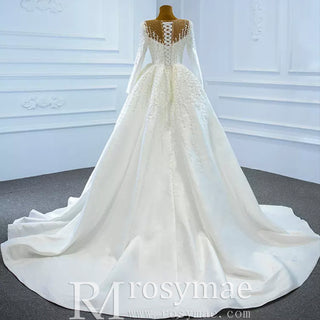 High Back Pearl Beaded Satin Long Sleeve Wedding Dress with Overskirt