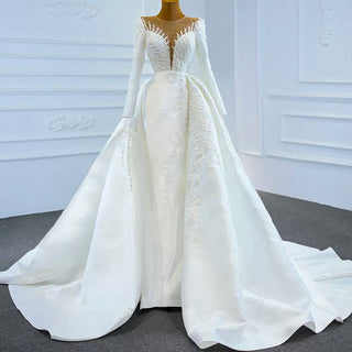 High Back Pearl Beaded Satin Long Sleeve Wedding Dress with Overskirt