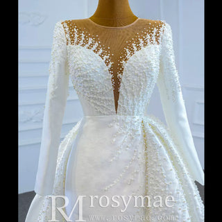 High Back Pearl Beaded Satin Long Sleeve Wedding Dress with Overskirt